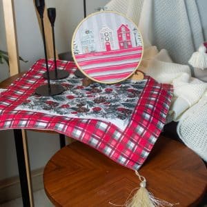 Snow Fall Side Table Cover with Red Plaid and Snowflake Design