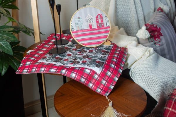 Snow Fall Side Table Cover with Red Plaid and Snowflake Design