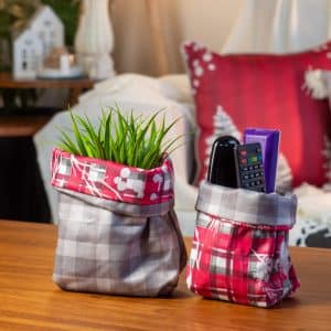 Snow Fall Fabric Storage Boxes with Red Plaid Design