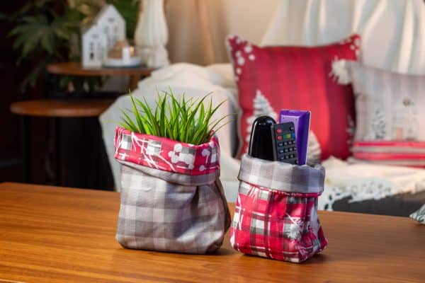 Snow Fall Fabric Storage Boxes with Red Plaid Design