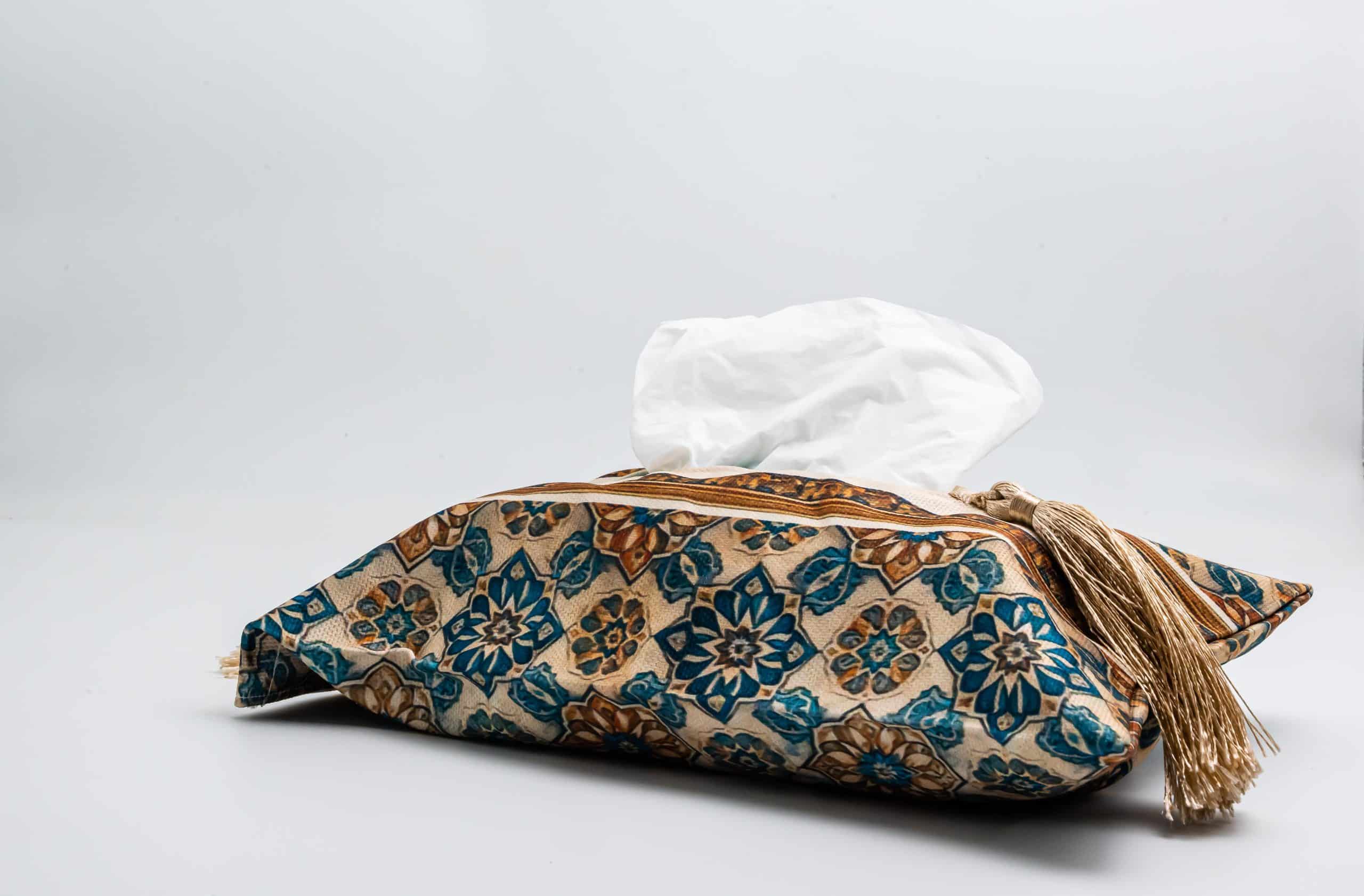 Ramadan Decorative Tissue Box Cover with Tassels – "Namarq" Collection (Copy) 4 Ramadan tissue box cover with geometric patterns and tassels, part of the 'Namarq' collection, made from soft fabric.
