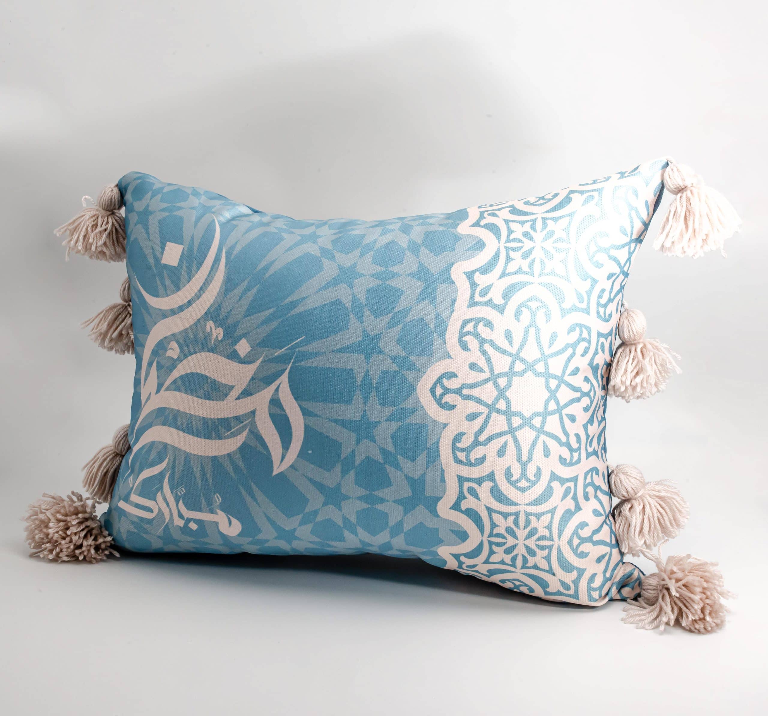 Ramadan Decorative Cushions with Geometric Patterns – "نقوش" Collection 10 Ramadan cushions from the 'نقوش' collection with geometric patterns and Arabic calligraphy.
