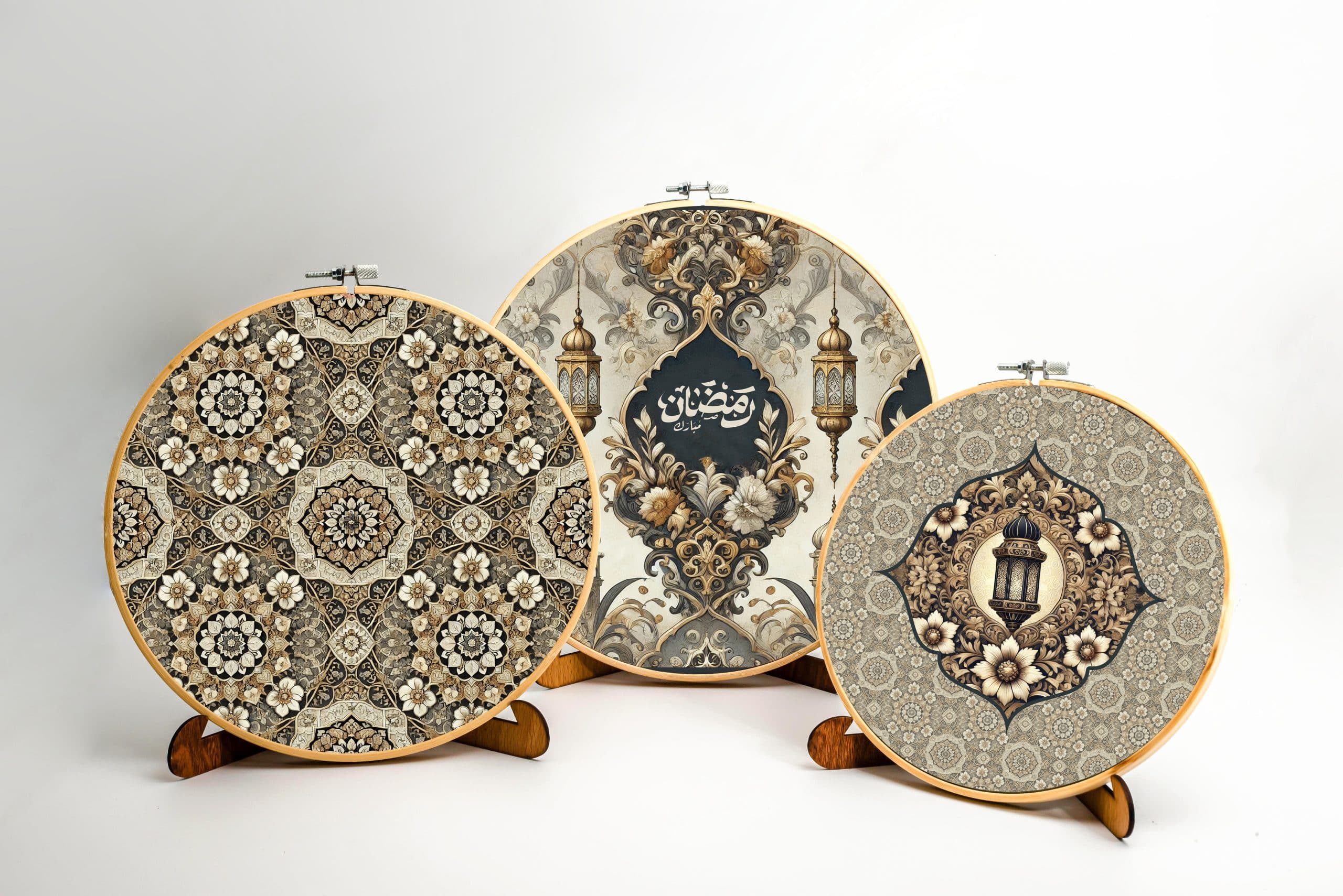 Ramadan Wooden Embroidery Hoop Set with Royal Patterns – "HOSN" Collection 4 Wooden embroidery hoop set with Arabic royal patterns from the 'HOSN' collection.