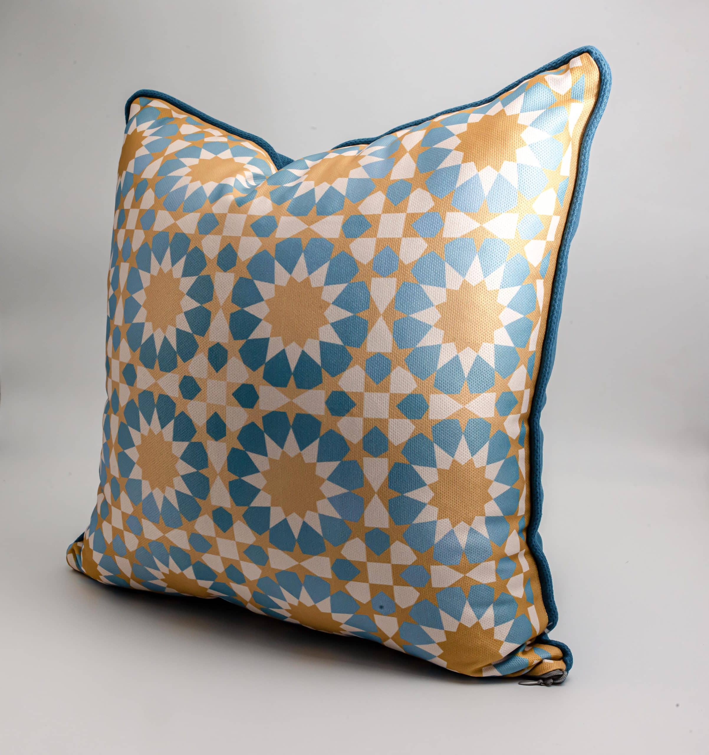 Ramadan Decorative Cushions with Geometric Patterns – "نقوش" Collection 6 Ramadan cushions from the 'نقوش' collection with geometric patterns and Arabic calligraphy.