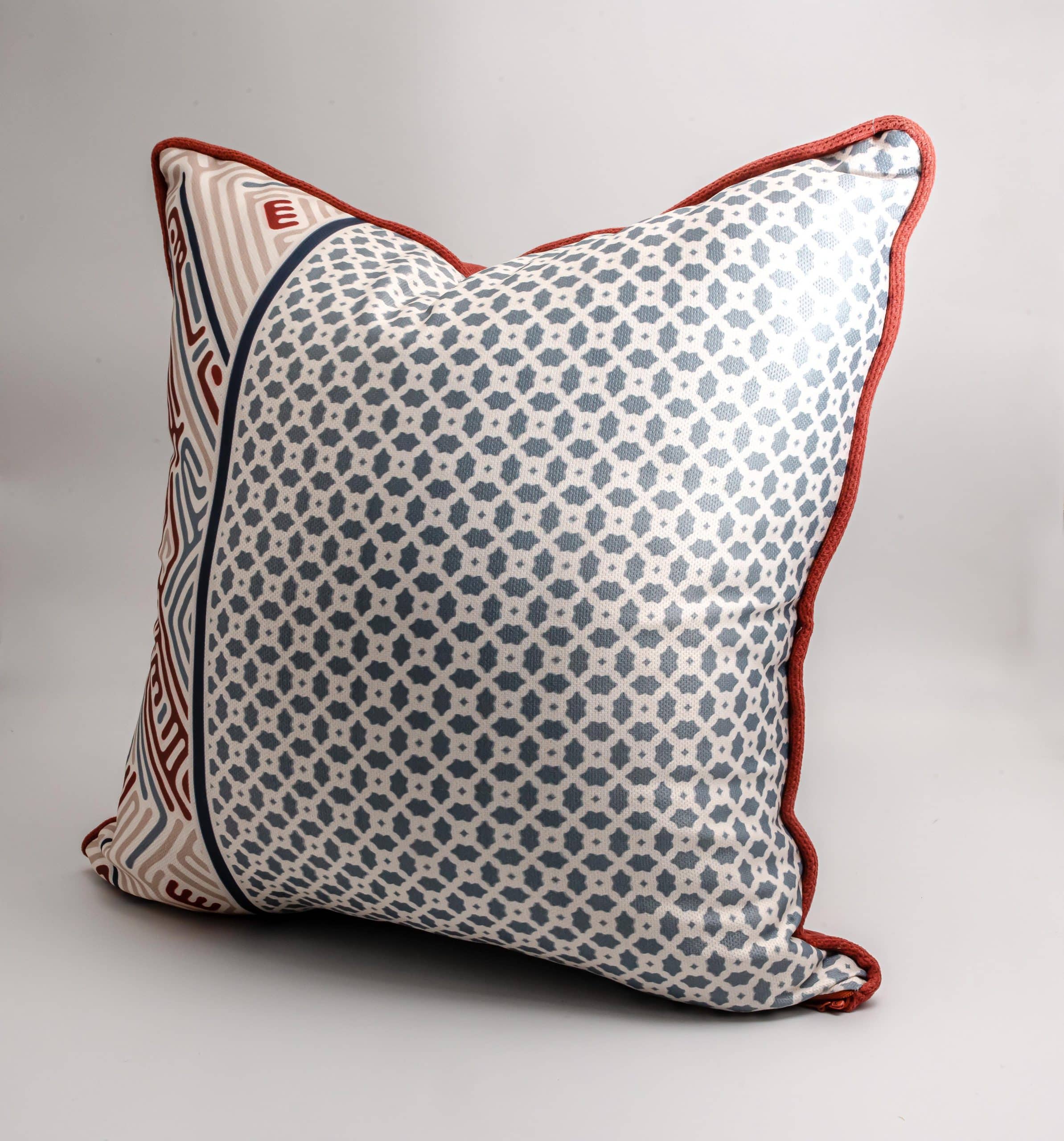 Ramadan Decorative Cushions with Modern Geometric Patterns – "كوفي" Collection 9 Decorative cushions with Kufic-inspired patterns and tassels from the 'كوفي' collection.