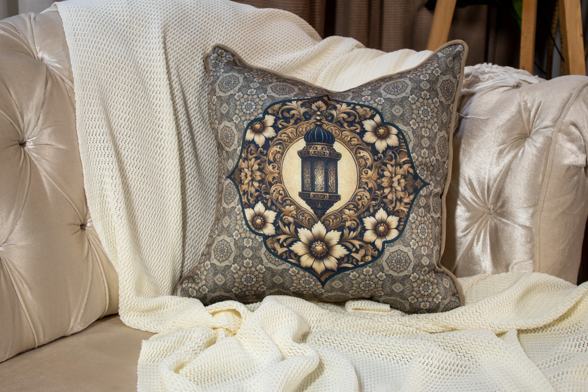 Ramadan Decorative Cushions with Luxurious Patterns – "HOSN" Collection 7 Decorative Ramadan cushions with Arabic royal patterns from the 'HOSN' collection.