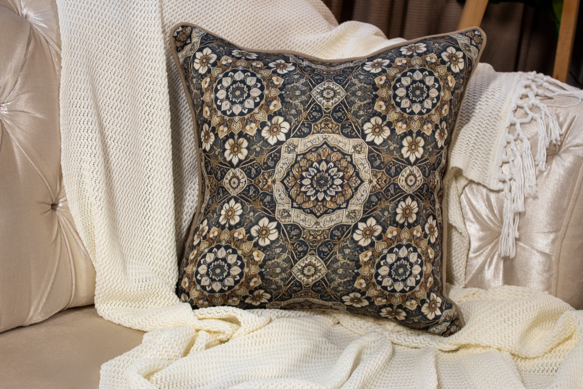 Ramadan Decorative Cushions with Luxurious Patterns – "HOSN" Collection 9 Decorative Ramadan cushions with Arabic royal patterns from the 'HOSN' collection.