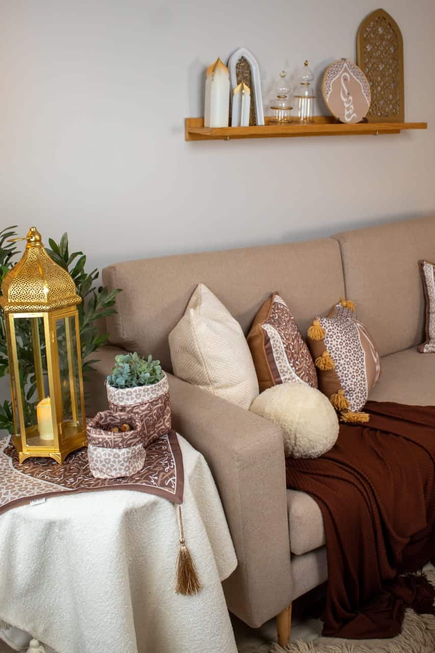 Ramadan Side Table Cover with Arabic Calligraphy – "أثر" Collection (Mocha Edition) 6 Side table cover with Arabic calligraphy from the 'أثر' collection in mocha tones.