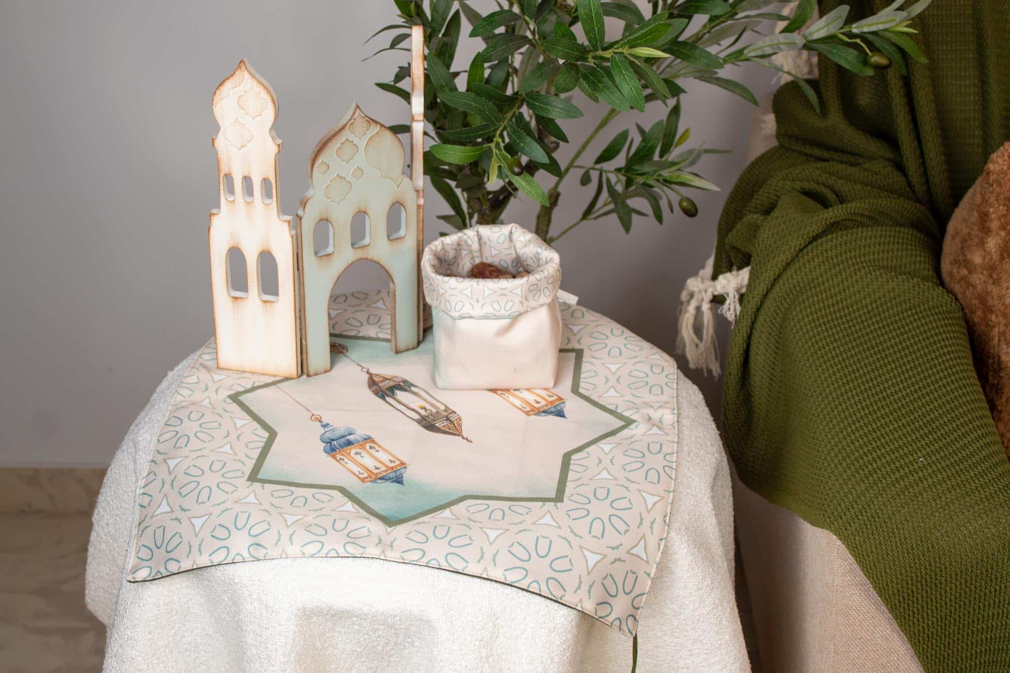 Ramadan Side Table Cover – "Sokoon" Collection 4 Ramadan side table cover with Arabic-inspired patterns, part of the 'Sokoon' collection.