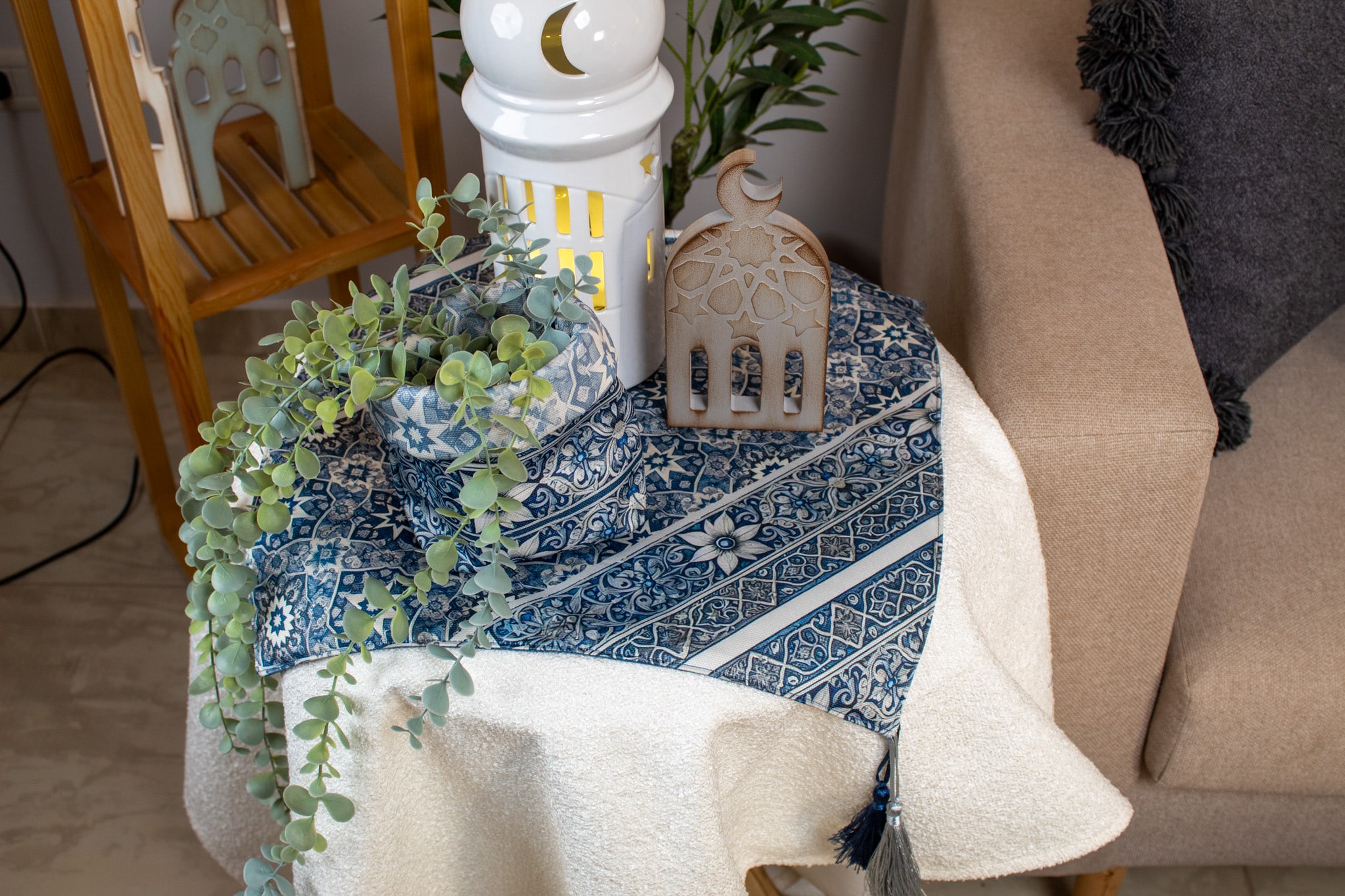 Ramadan Side Table Cover with Geometric Patterns – "زهرا" Collection 6 Side table cover with bold geometric patterns from the 'زهرا' collection.