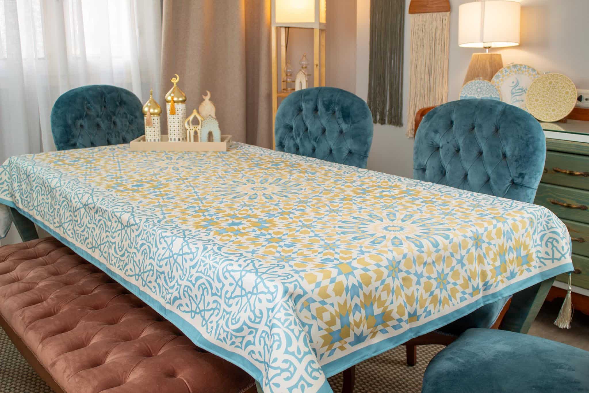 Waterproof Ramadan Dining Table Cover – "نقوش" Collection 4 Dining table cover from the 'نقوش' collection with waterproof fabric and geometric patterns.