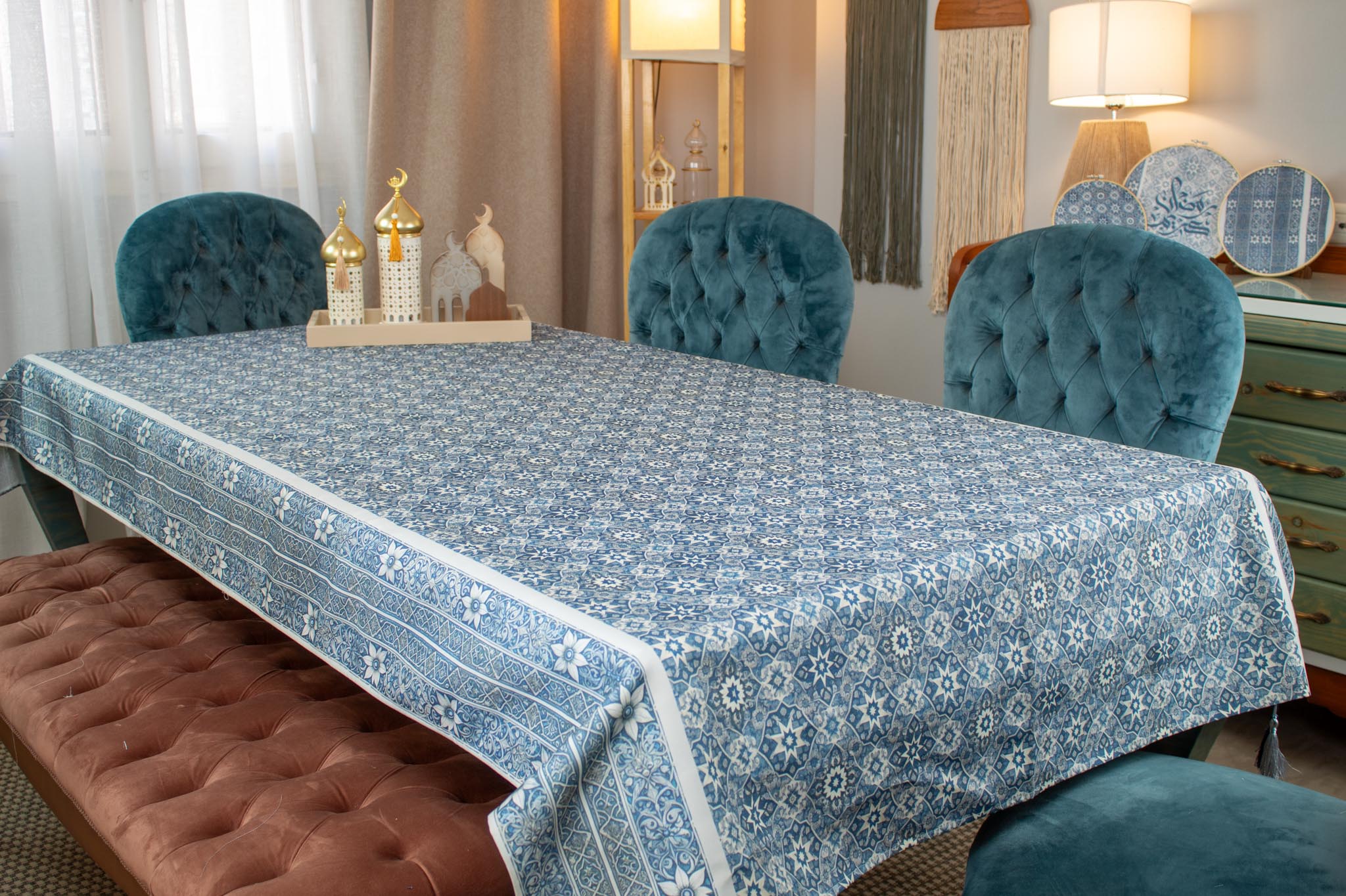 Waterproof Ramadan Dining Table Cover – "زهرا" Collection 4 Dining table cover with bold geometric patterns from the 'زهرا' collection for Ramadan.