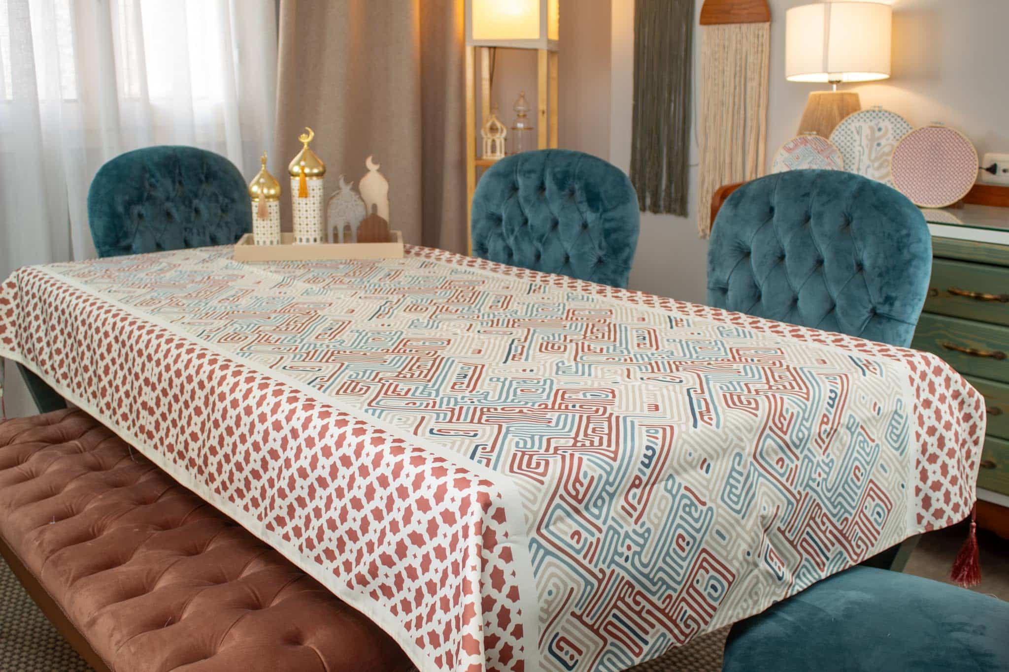 Waterproof Ramadan Dining Table Cover with Kufic Patterns – "كوفي" Collection 4 Dining table cover with Kufic-inspired patterns from the 'كوفي' collection.