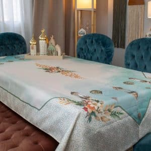 Waterproof dining table cover with intricate Ramadan-inspired patterns, part of the 'Sokoon' collection.