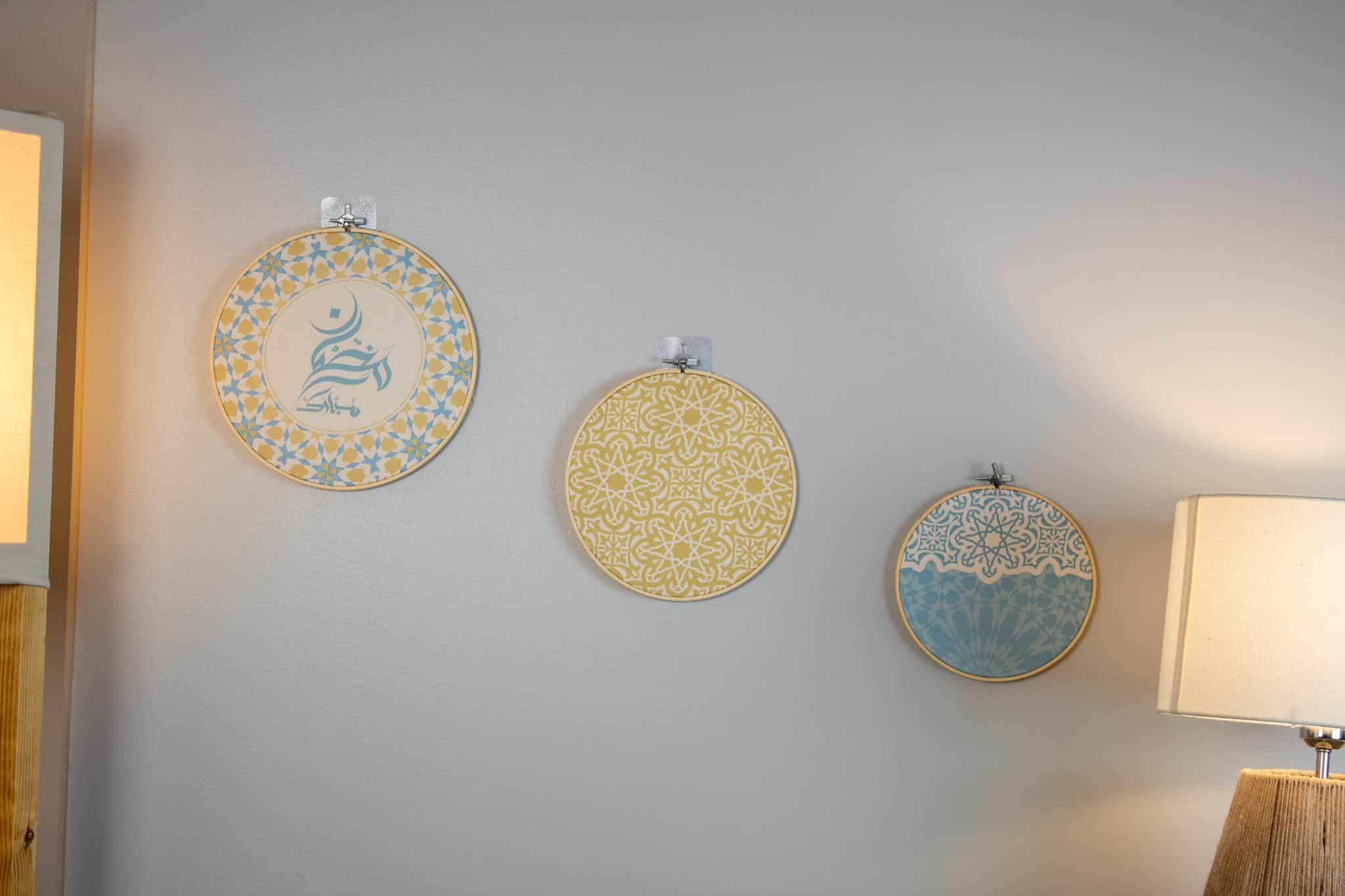 Ramadan Wooden Embroidery Hoop Set – "نقوش" Collection 6 Wooden embroidery hoop set from the 'نقوش' collection with geometric patterns, perfect for festive wall decor