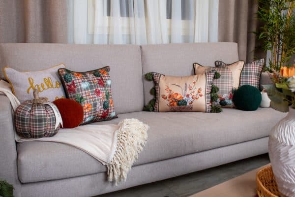 Autumn Scent Decorative Cushions with Floral and Plaid Patterns for Cozy Home Décor.