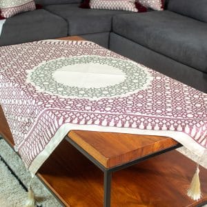 Square table cover with minaret-inspired motifs from the 'مآذن' collection.