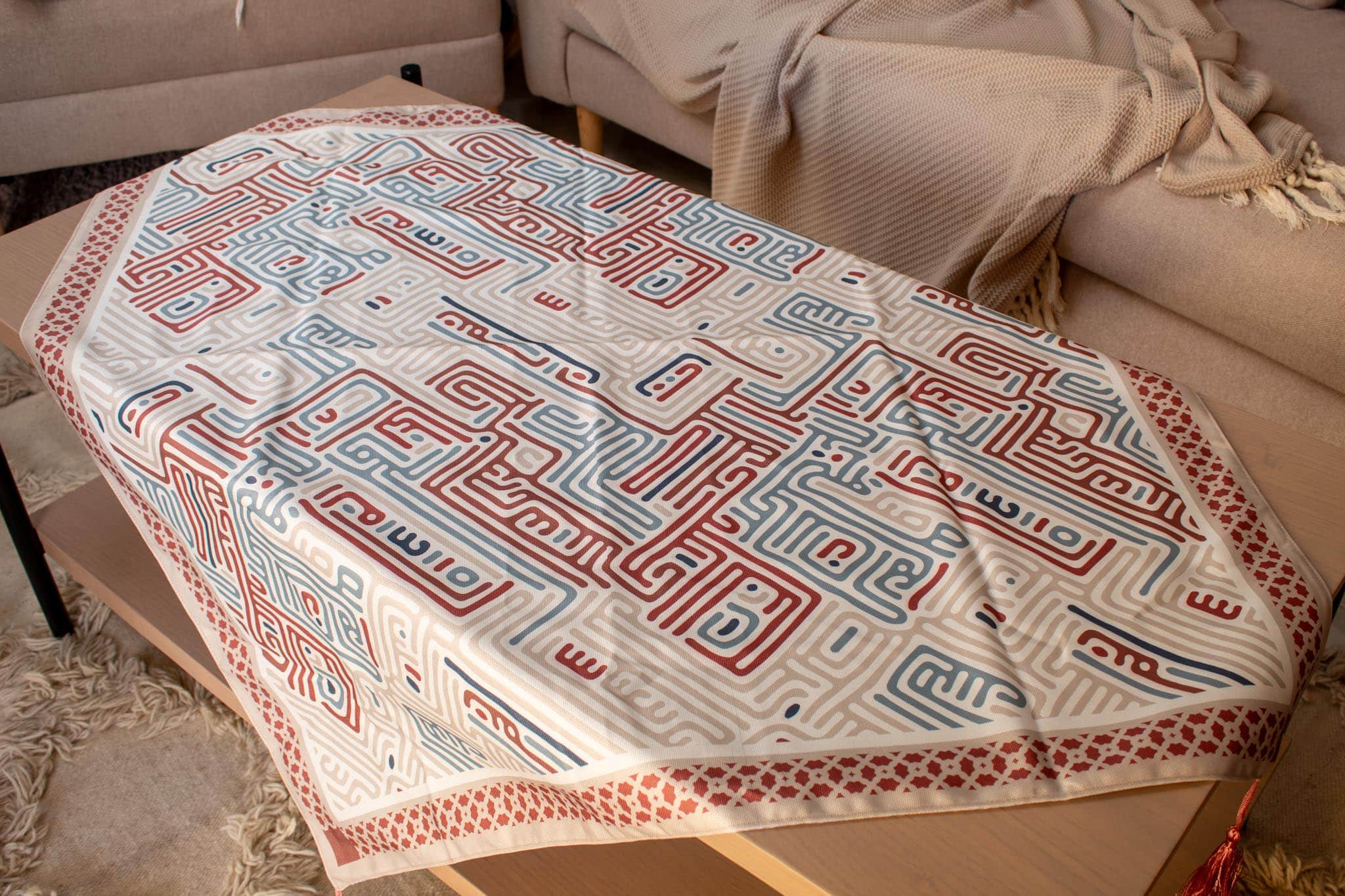 Ramadan Square Table Cover with Kufic Patterns – "كوفي" Collection 4 Square table cover with Kufic-inspired patterns from the 'كوفي' collection, ideal for Ramadan decor.
