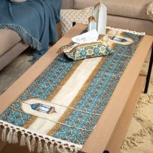 Double-sided Ramadan table runner with geometric patterns and tassels, part of the 'Namarq' collection, available in multiple sizes.
