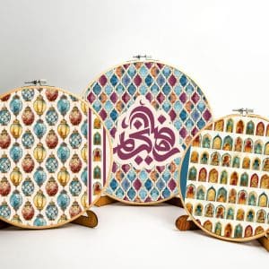 Wooden embroidery hoop set with abstract patterns from the 'طيف' collection.