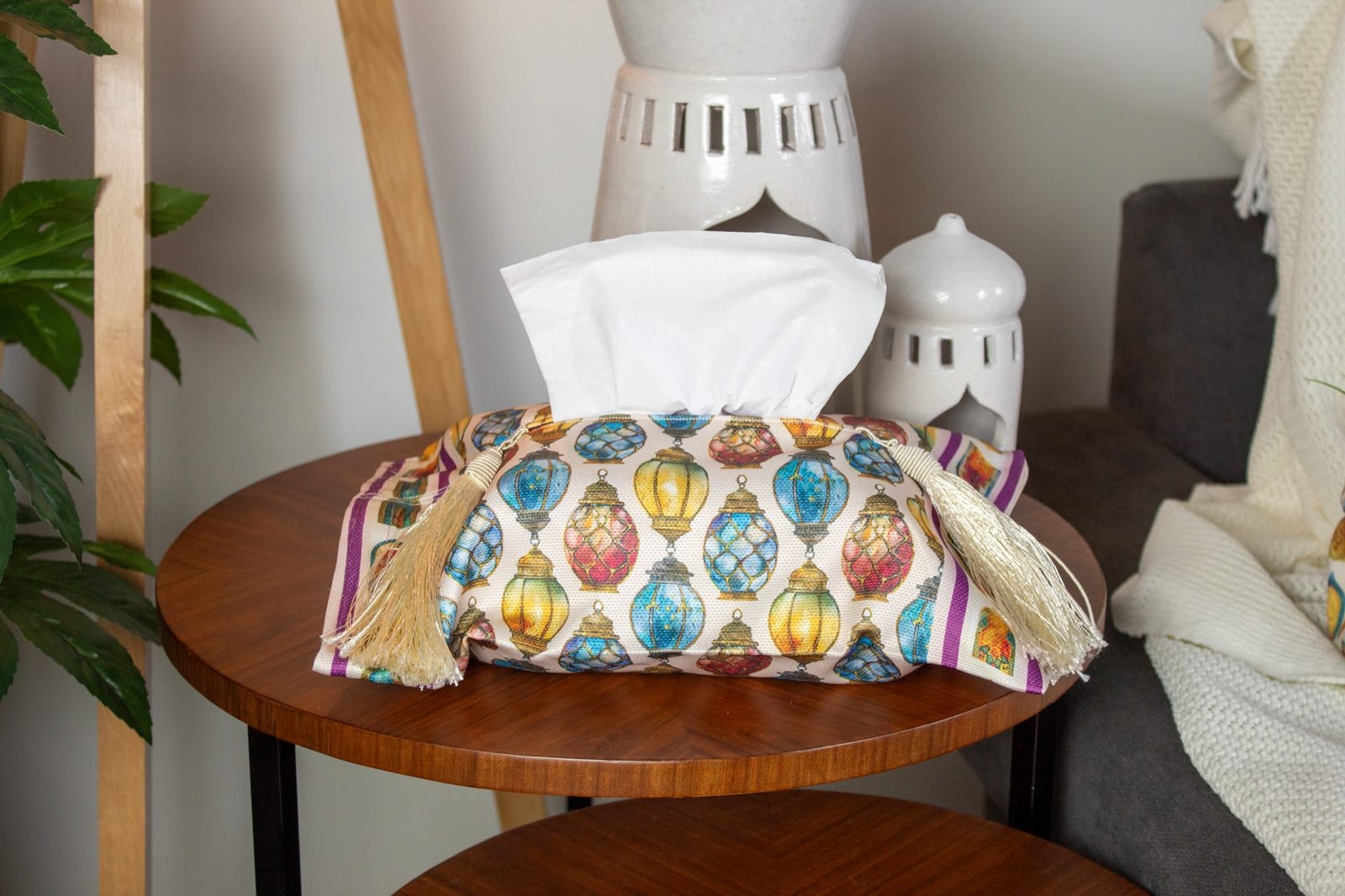 Ramadan Decorative Tissue Box Cover – "مآذن" Collection (Mustard and Grey) (Copy) 4 Tissue box cover with abstract patterns from the 'طيف' collection.