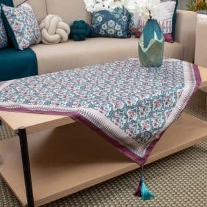 Square Table Cover with Elegant Botanical Prints – “واحه” Collection