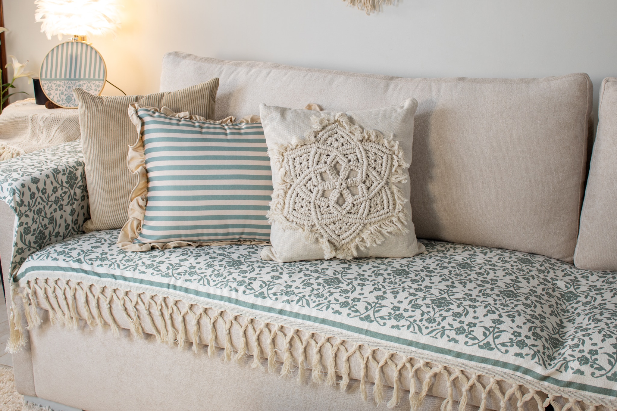 Sofa Cover – Dorra Mint – Linen Cotton Printed Fabric | Chic Home Boutique 4 dora sofa cover 3